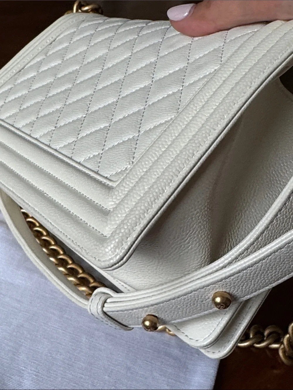 CHANEL Off White  Quilted Boy Shoulder Bag with Gold Hardware